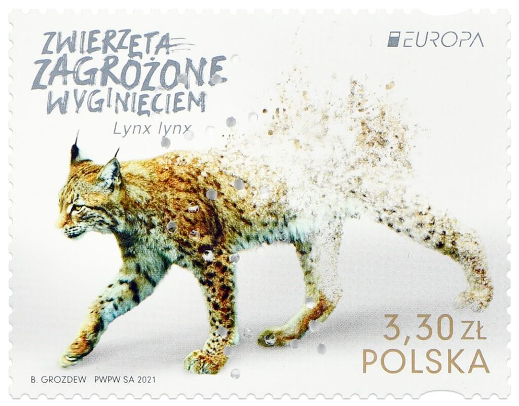 Ve filatelistické soutěži „EUROPA Stamps 2021“ Polsko zastupuje známka s rysem